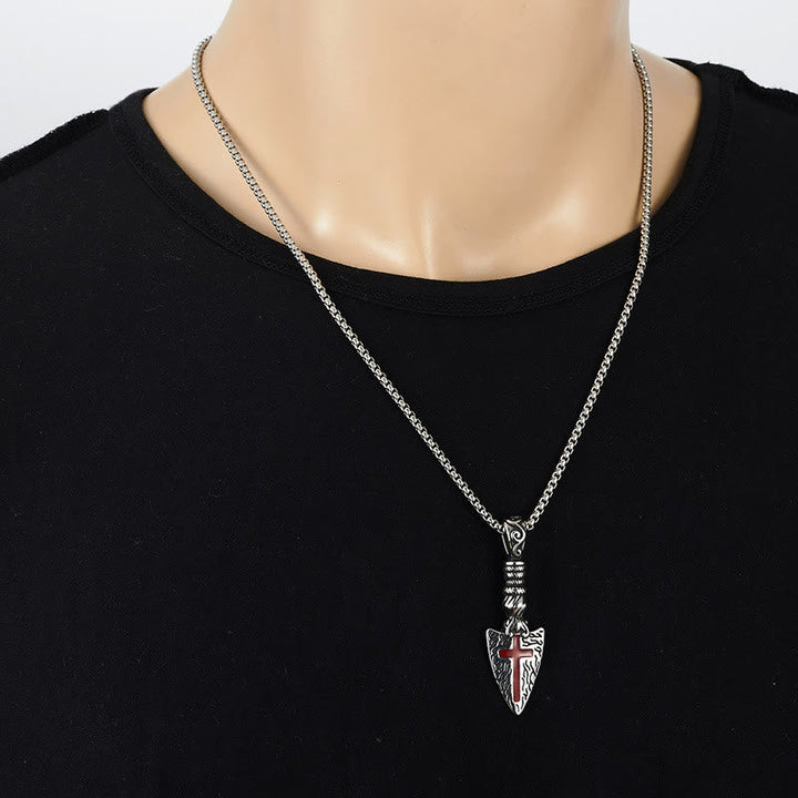 Red Cross Spearhead Necklace with Baroque Elements with Vintage Scroll Pattern