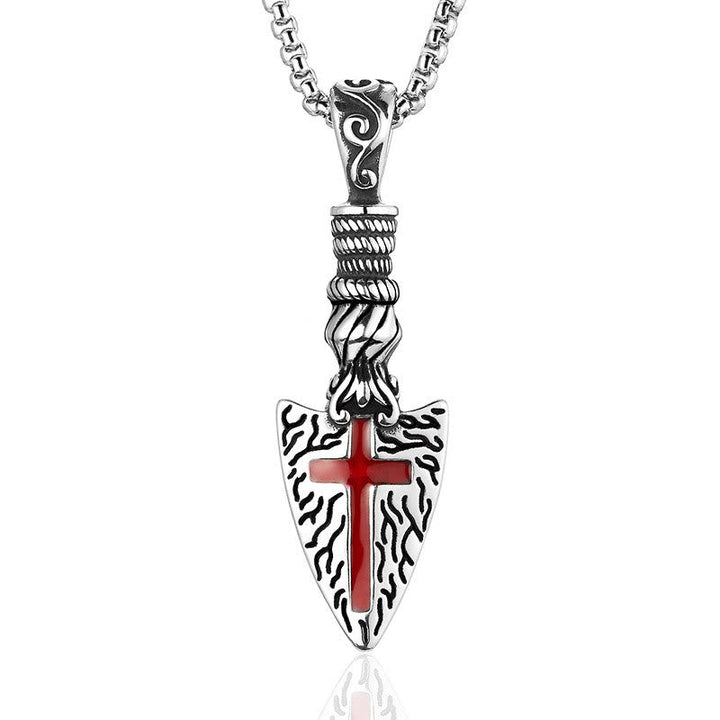 Red Cross Spearhead Necklace with Baroque Elements with Vintage Scroll Pattern