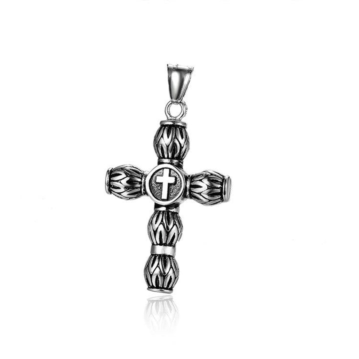 Flame-Pattern Thick Cylinder Cross Necklace with Raised Center Emblem