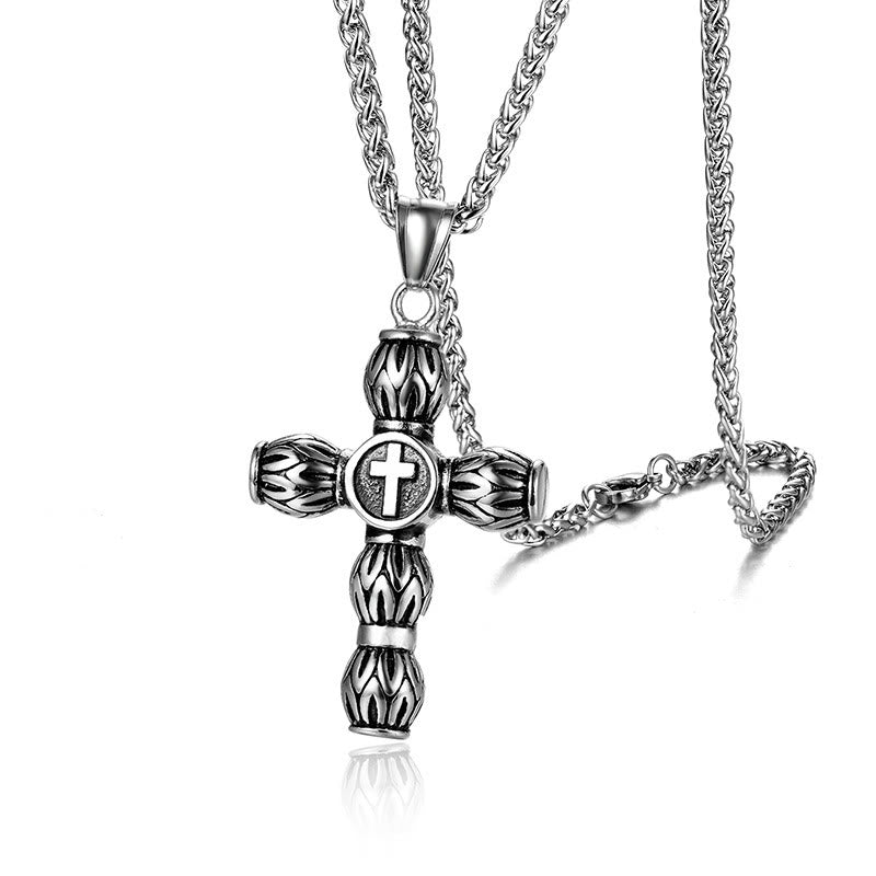 Flame-Pattern Thick Cylinder Cross Necklace with Raised Center Emblem