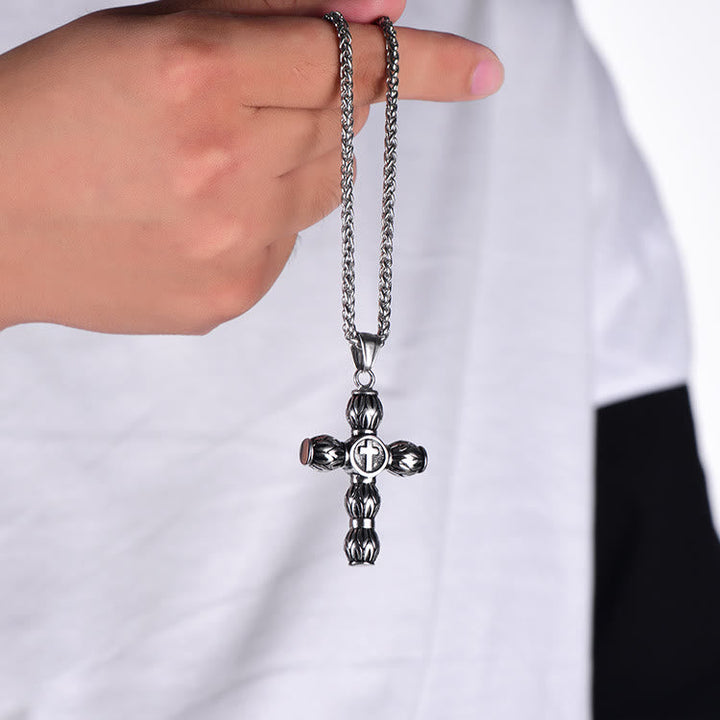 Flame-Pattern Thick Cylinder Cross Necklace with Raised Center Emblem