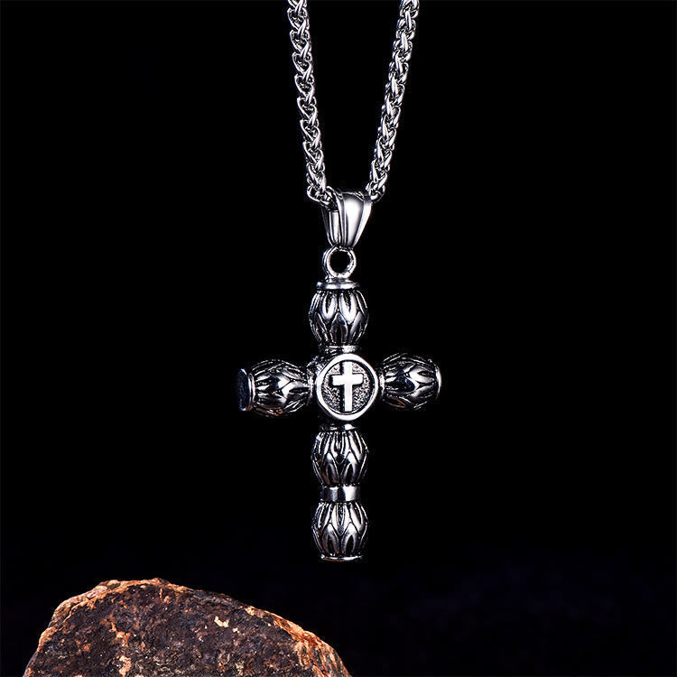 Flame-Pattern Thick Cylinder Cross Necklace with Raised Center Emblem