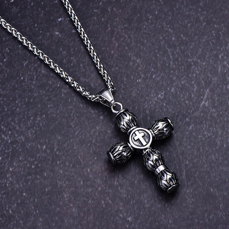 Flame-Pattern Thick Cylinder Cross Necklace with Raised Center Emblem