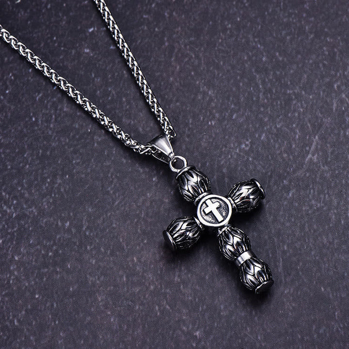Flame-Pattern Thick Cylinder Cross Necklace with Raised Center Emblem