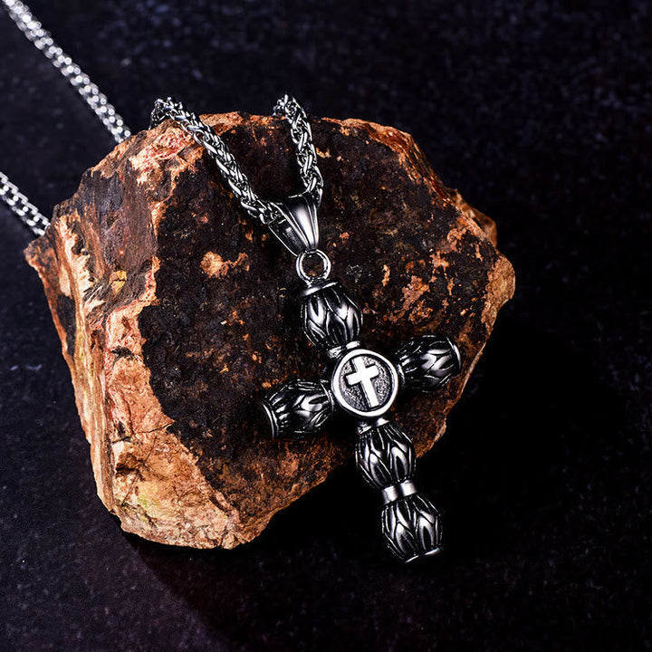 Flame-Pattern Thick Cylinder Cross Necklace with Raised Center Emblem