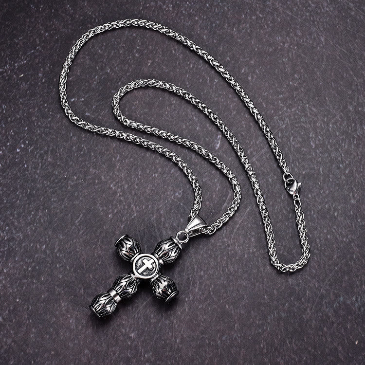 Flame-Pattern Thick Cylinder Cross Necklace with Raised Center Emblem