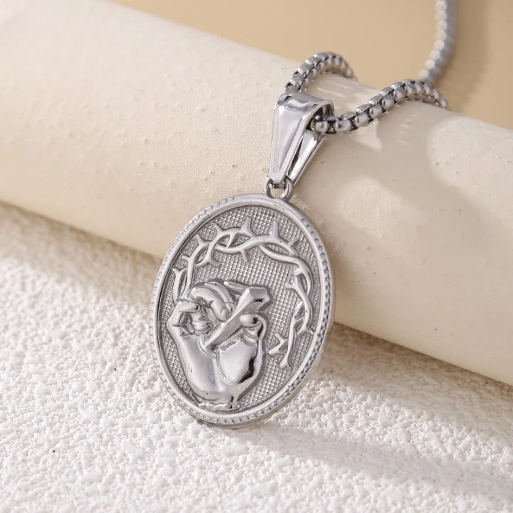 Classic Three-Tone Engraved Oval Pendant with Jesus Holy Hand & Thorn Crown