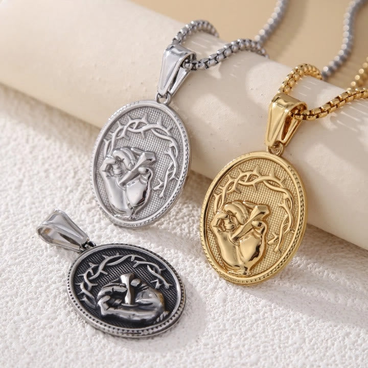 Classic Three-Tone Engraved Oval Pendant with Jesus Holy Hand & Thorn Crown