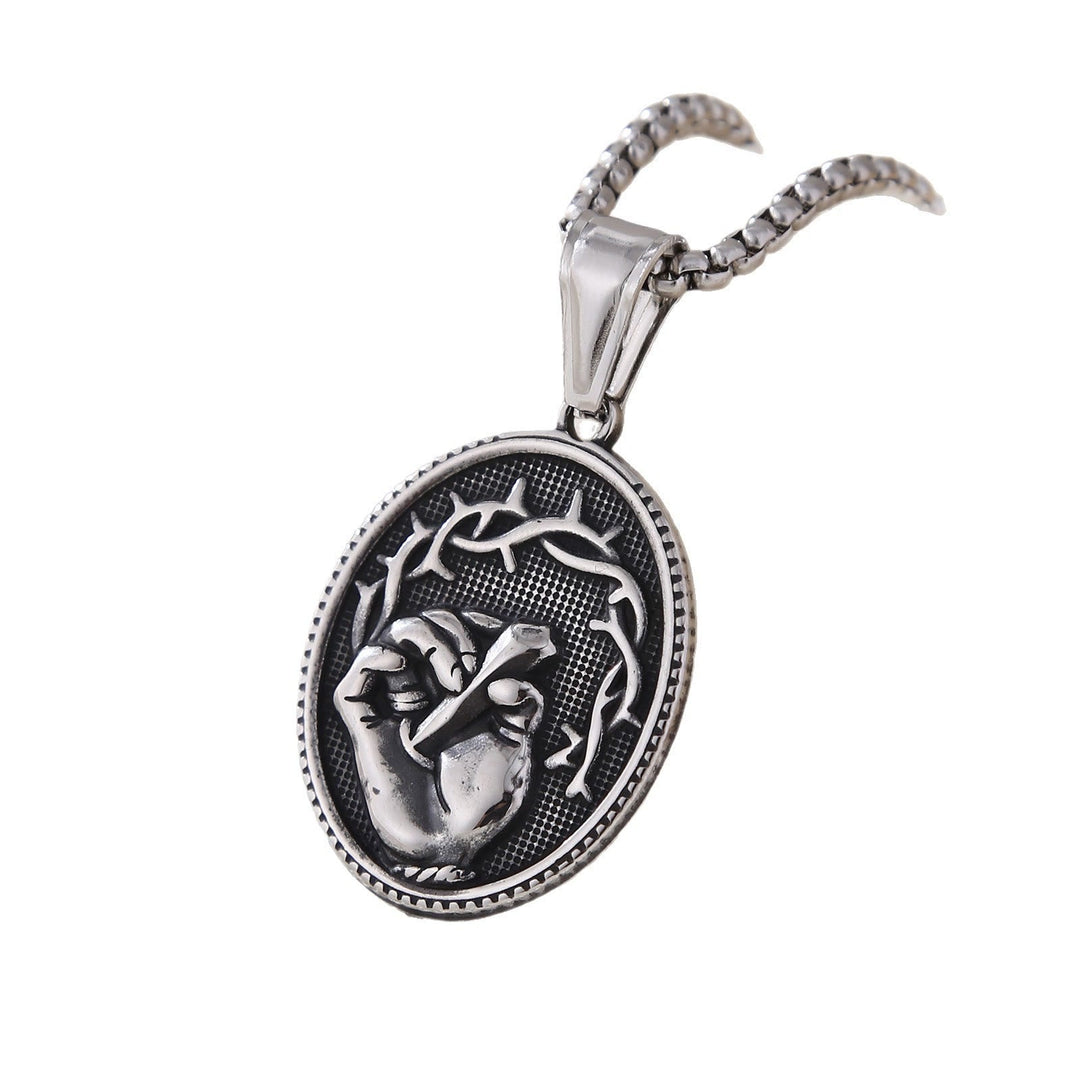 Classic Three-Tone Engraved Oval Pendant with Jesus Holy Hand & Thorn Crown