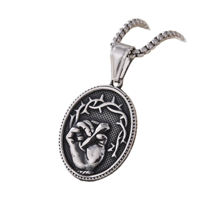 Classic Three-Tone Engraved Oval Pendant with Jesus Holy Hand & Thorn Crown