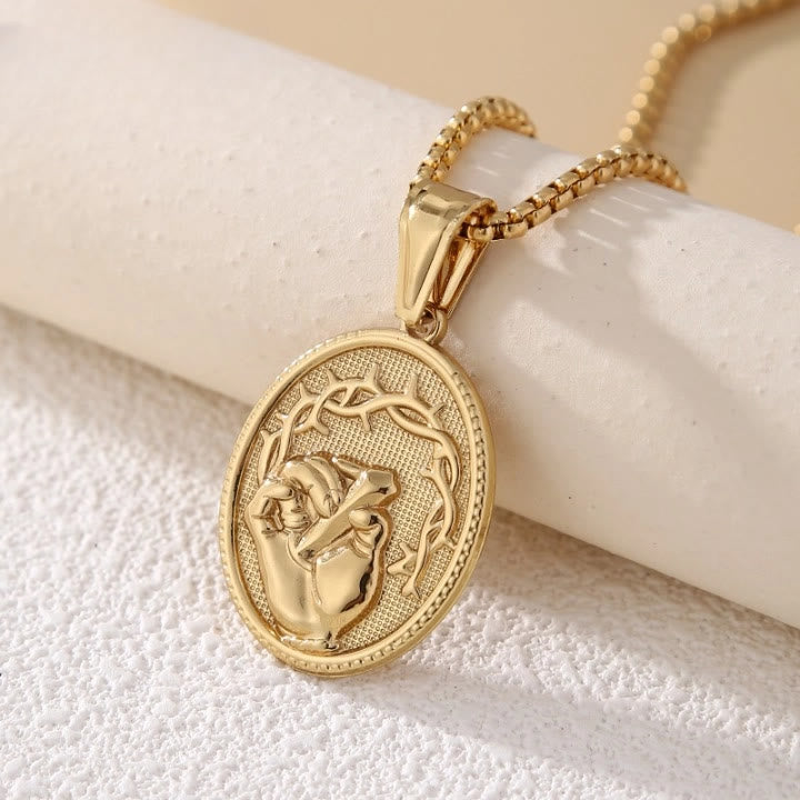 Classic Three-Tone Engraved Oval Pendant with Jesus Holy Hand & Thorn Crown