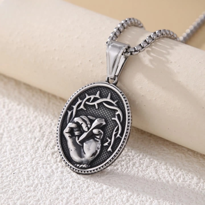 Classic Three-Tone Engraved Oval Pendant with Jesus Holy Hand & Thorn Crown