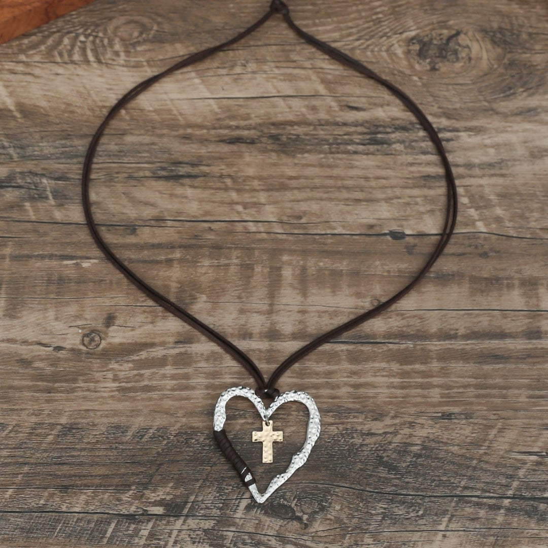 Bohemian Textured Heart Frame Necklace with Cross Charm and Leather Cord