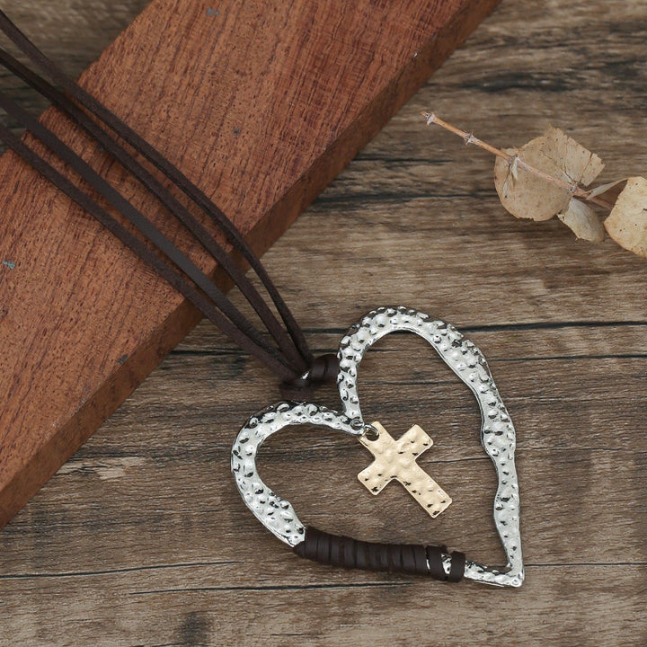 Bohemian Textured Heart Frame Necklace with Cross Charm and Leather Cord