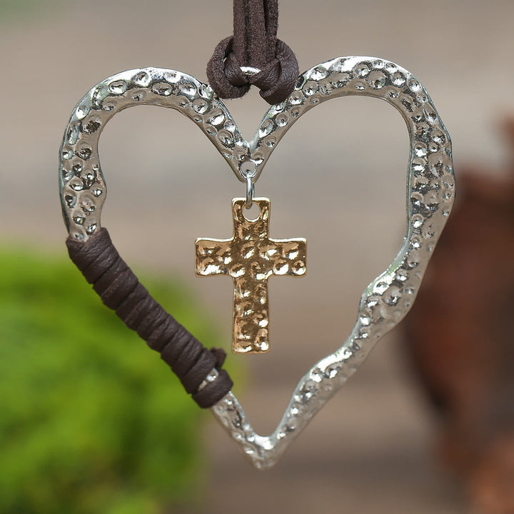 Bohemian Textured Heart Frame Necklace with Cross Charm and Leather Cord