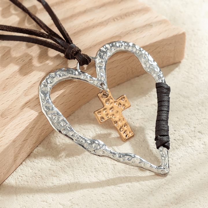 Bohemian Textured Heart Frame Necklace with Cross Charm and Leather Cord