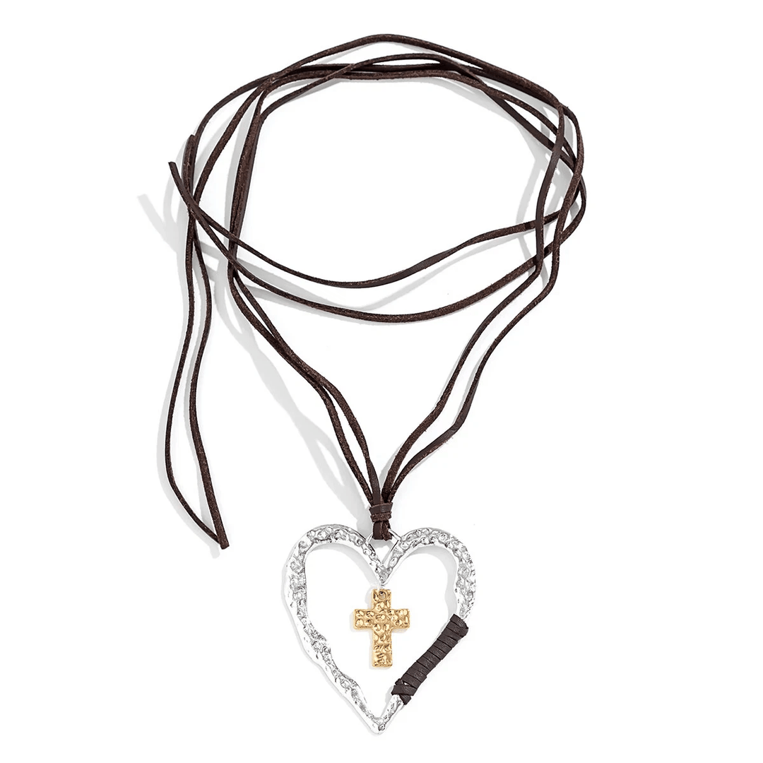 Bohemian Textured Heart Frame Necklace with Cross Charm and Leather Cord