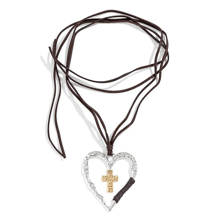 Bohemian Textured Heart Frame Necklace with Cross Charm and Leather Cord