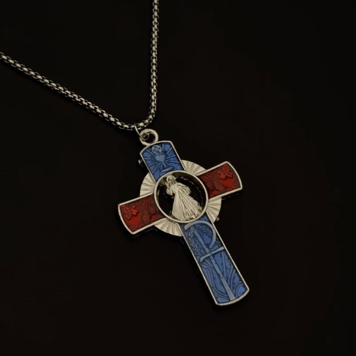 Classic Divine Mercy Portrait in Vivid Red and Blue Cross Necklace