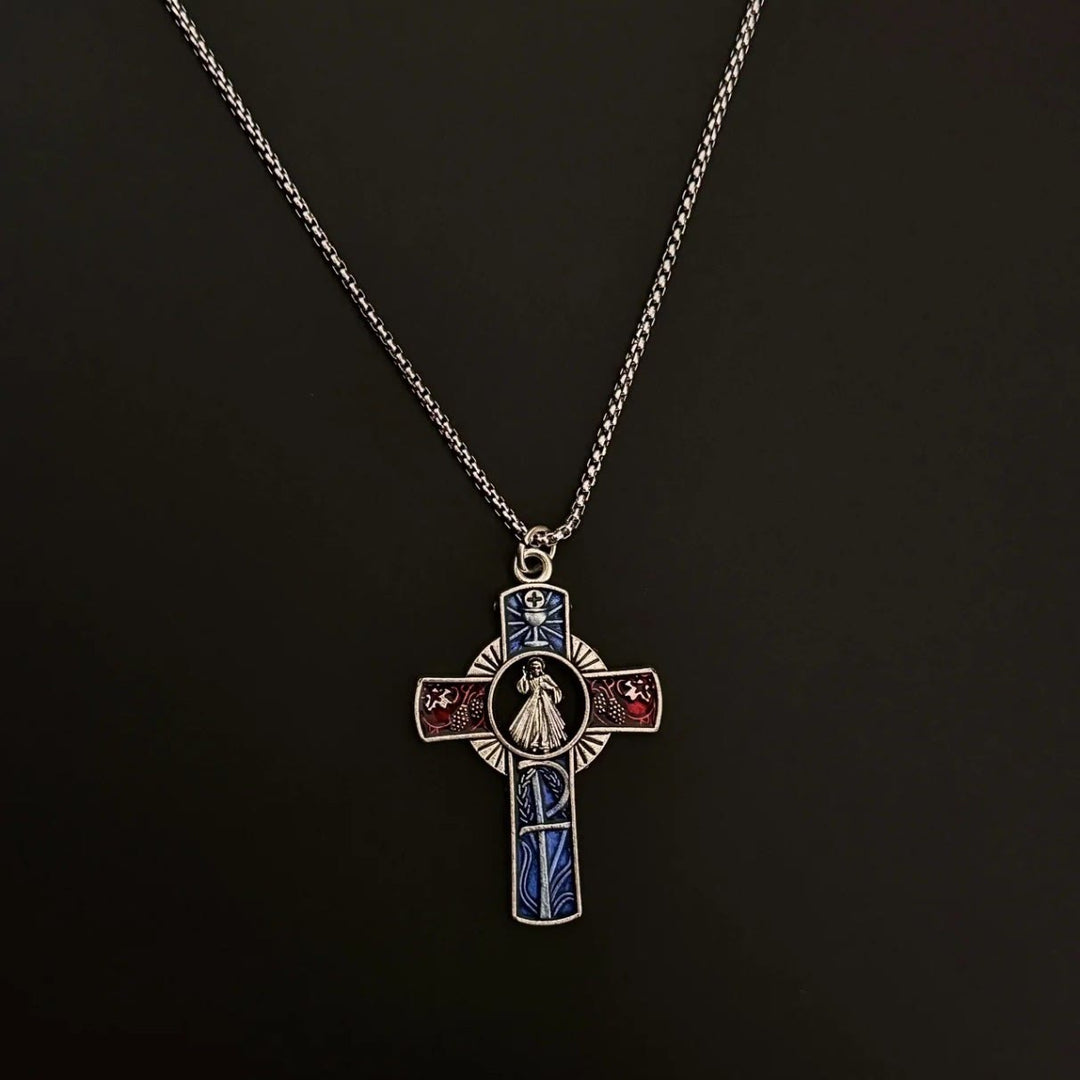 Classic Divine Mercy Portrait in Vivid Red and Blue Cross Necklace