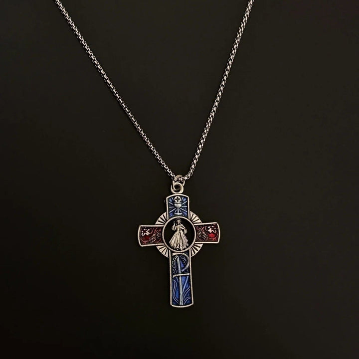 Classic Divine Mercy Portrait in Vivid Red and Blue Cross Necklace