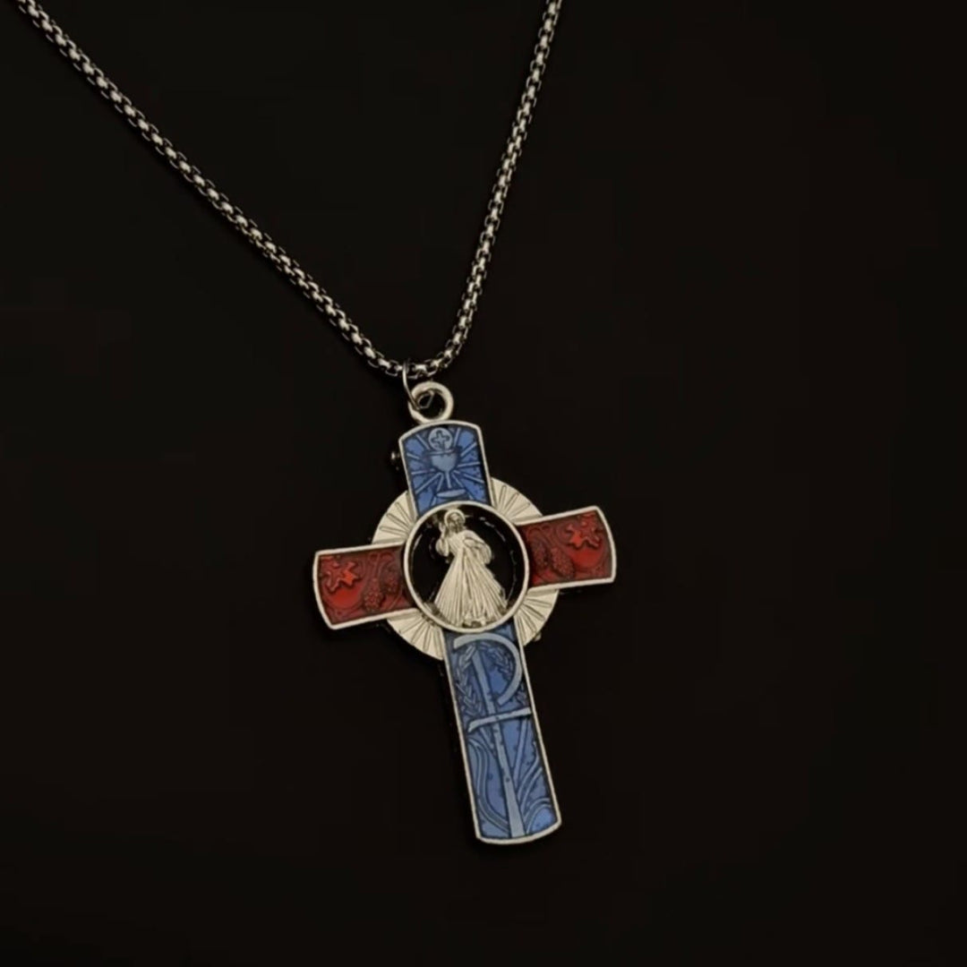 Classic Divine Mercy Portrait in Vivid Red and Blue Cross Necklace
