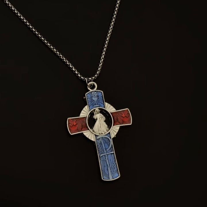 Classic Divine Mercy Portrait in Vivid Red and Blue Cross Necklace