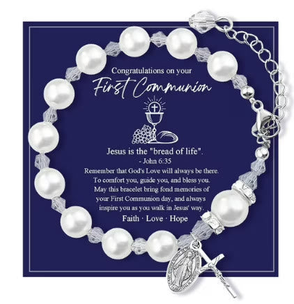 PRAYERFUL FAITH: First Communion Gift Bracelet with Cross and Blessing Card