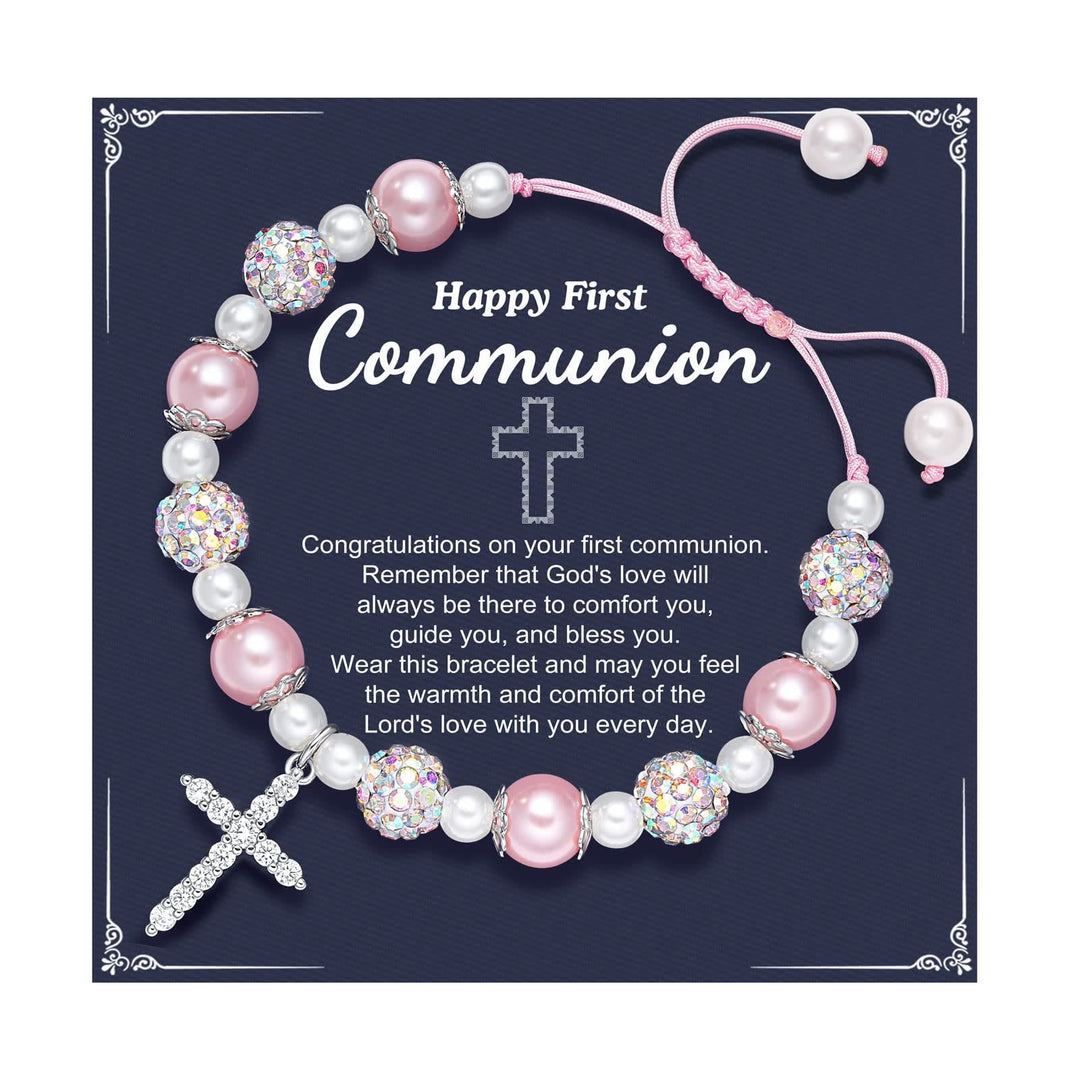 PRAYERFUL FAITH: First Communion Gift Bracelet with Cross and Blessing Card