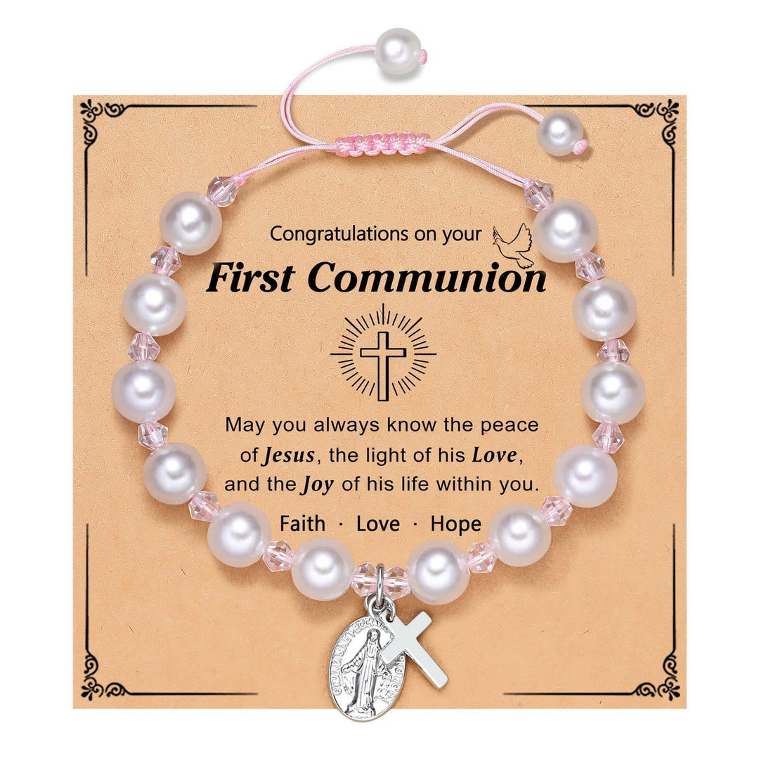PRAYERFUL FAITH: First Communion Gift Bracelet with Cross and Blessing Card