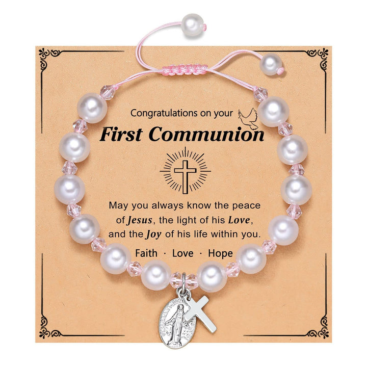 PRAYERFUL FAITH: First Communion Gift Bracelet with Cross and Blessing Card