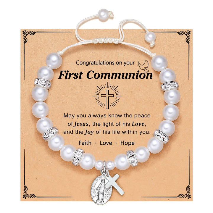 PRAYERFUL FAITH: First Communion Gift Bracelet with Cross and Blessing Card