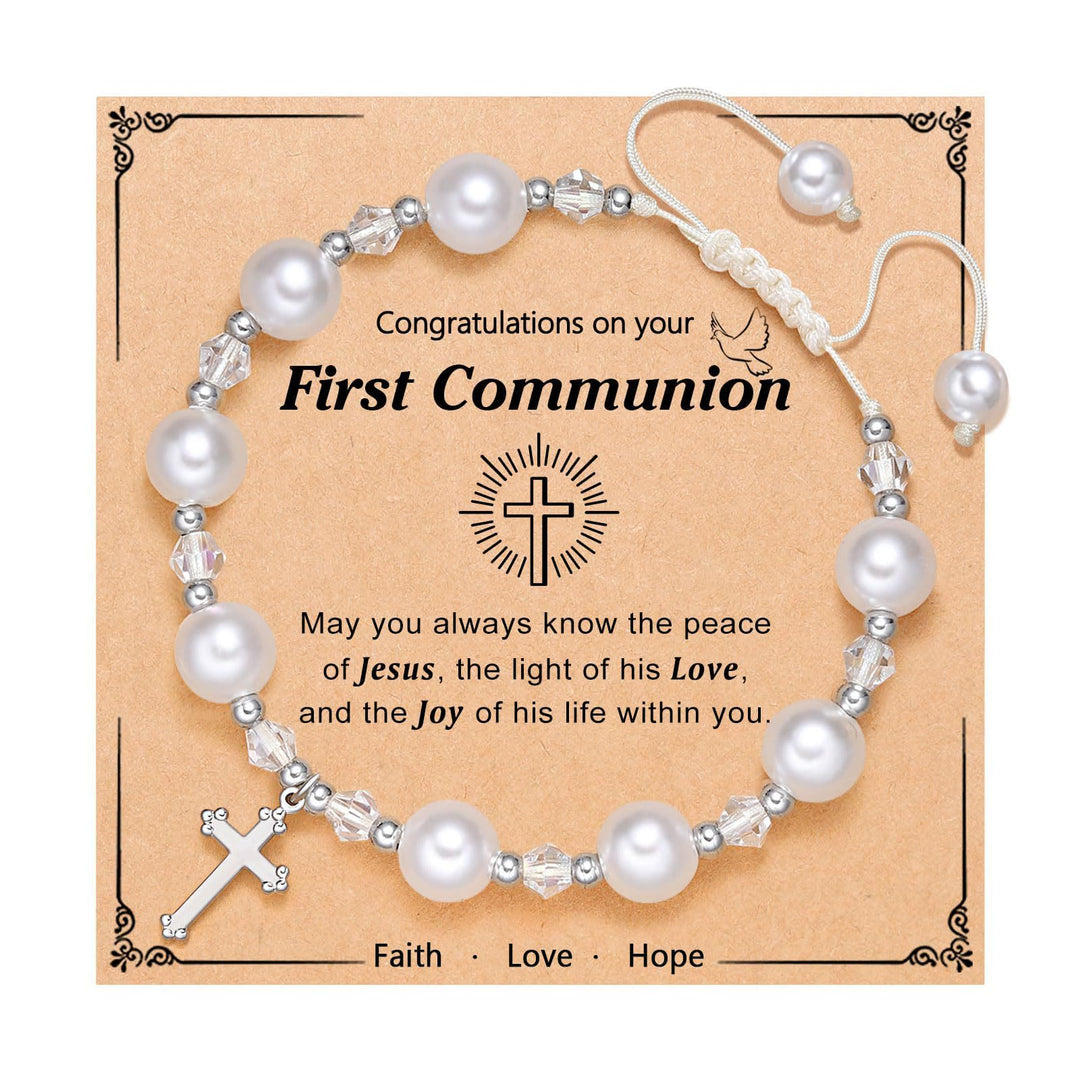 PRAYERFUL FAITH: First Communion Gift Bracelet with Cross and Blessing Card