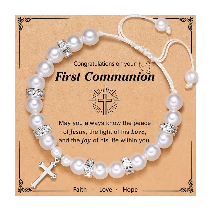 PRAYERFUL FAITH: First Communion Gift Bracelet with Cross and Blessing Card