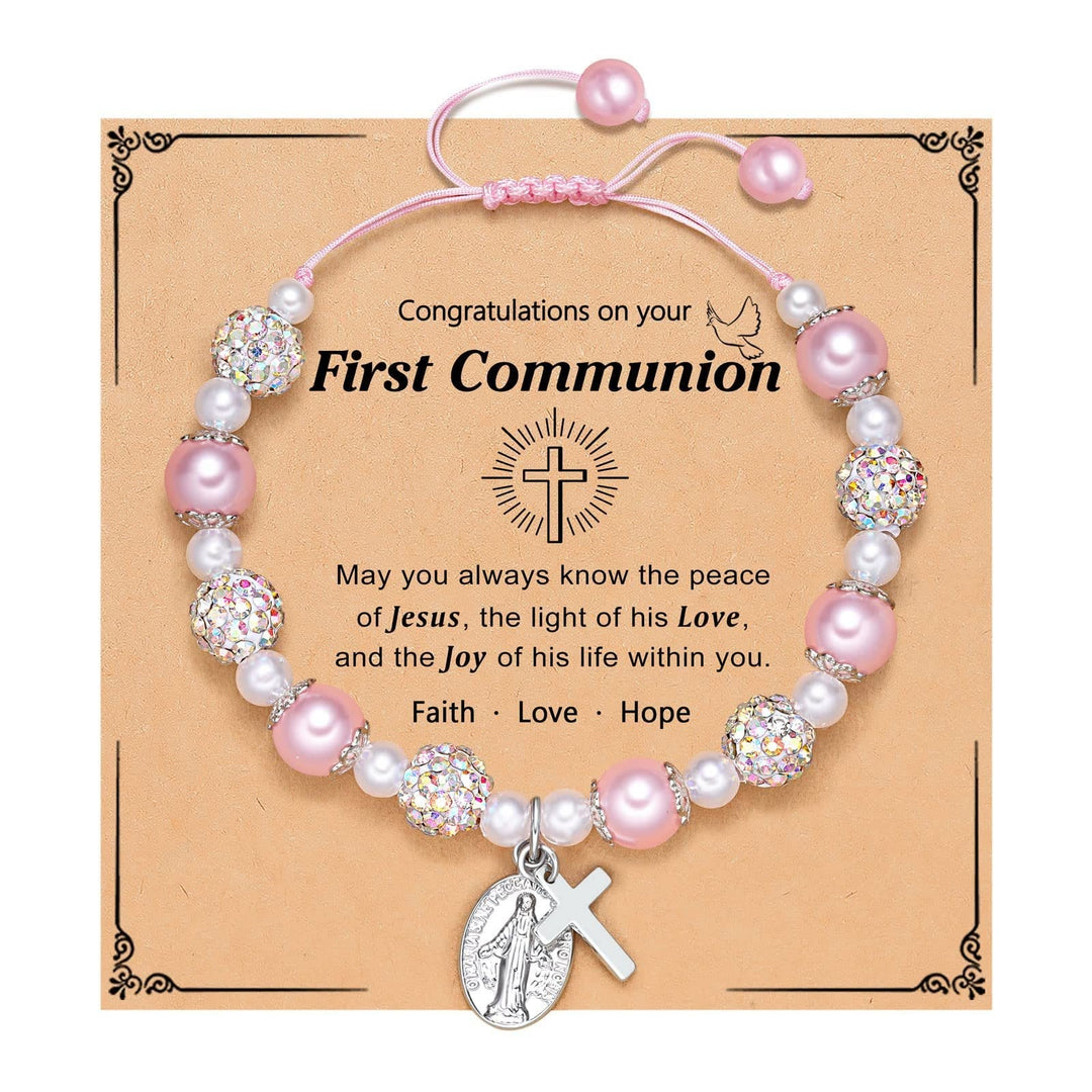 PRAYERFUL FAITH: First Communion Gift Bracelet with Cross and Blessing Card