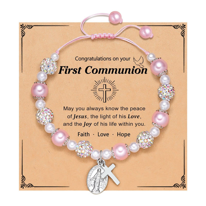 PRAYERFUL FAITH: First Communion Gift Bracelet with Cross and Blessing Card