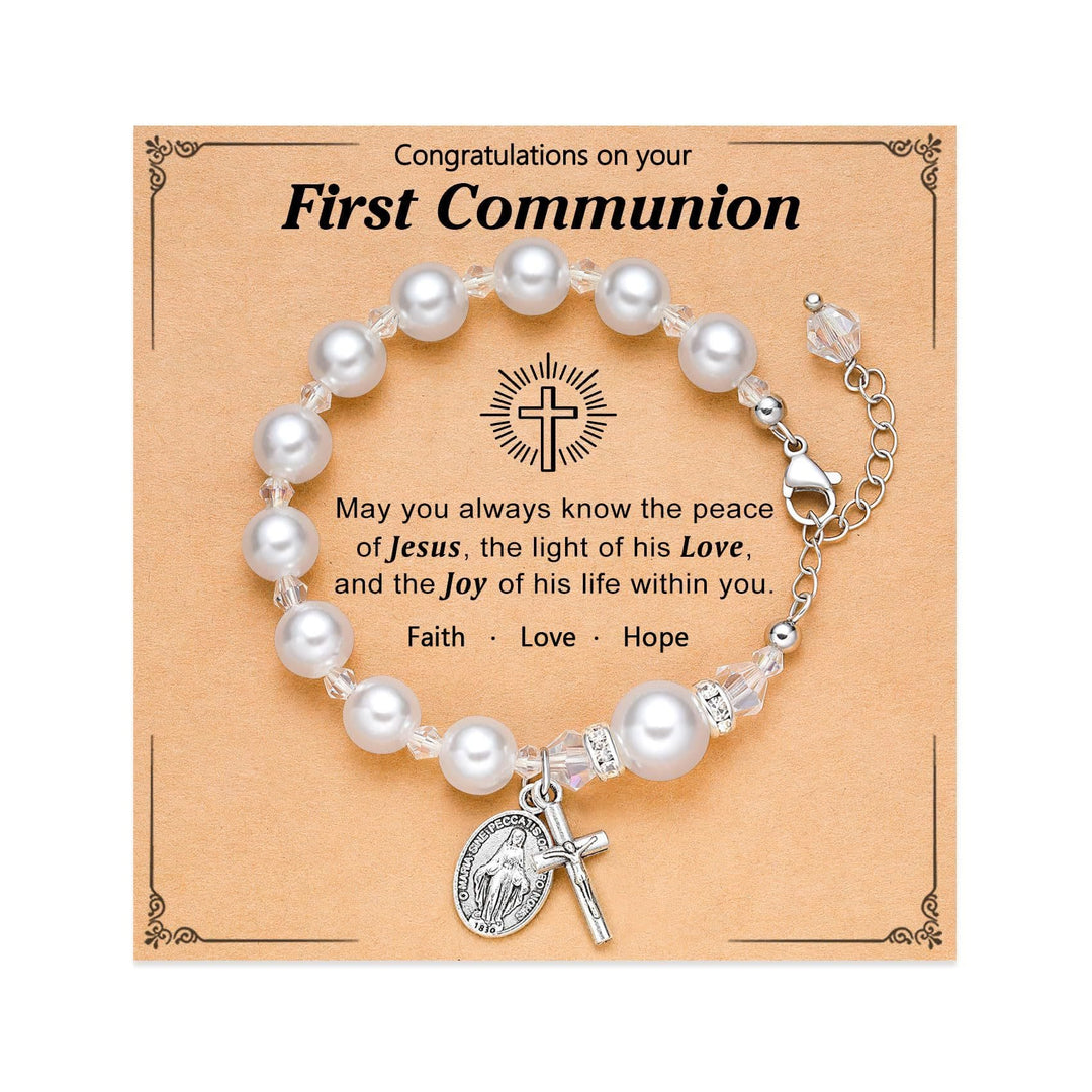 PRAYERFUL FAITH: First Communion Gift Bracelet with Cross and Blessing Card