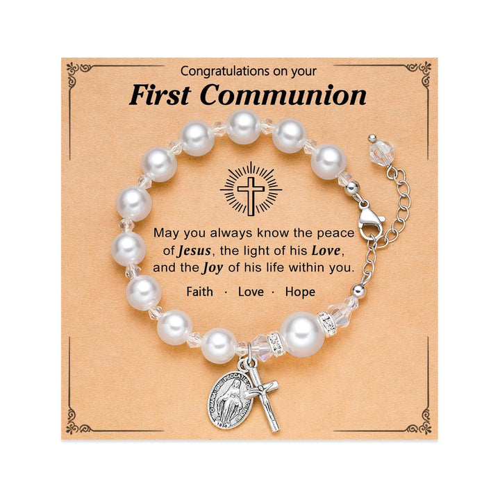 PRAYERFUL FAITH: First Communion Gift Bracelet with Cross and Blessing Card