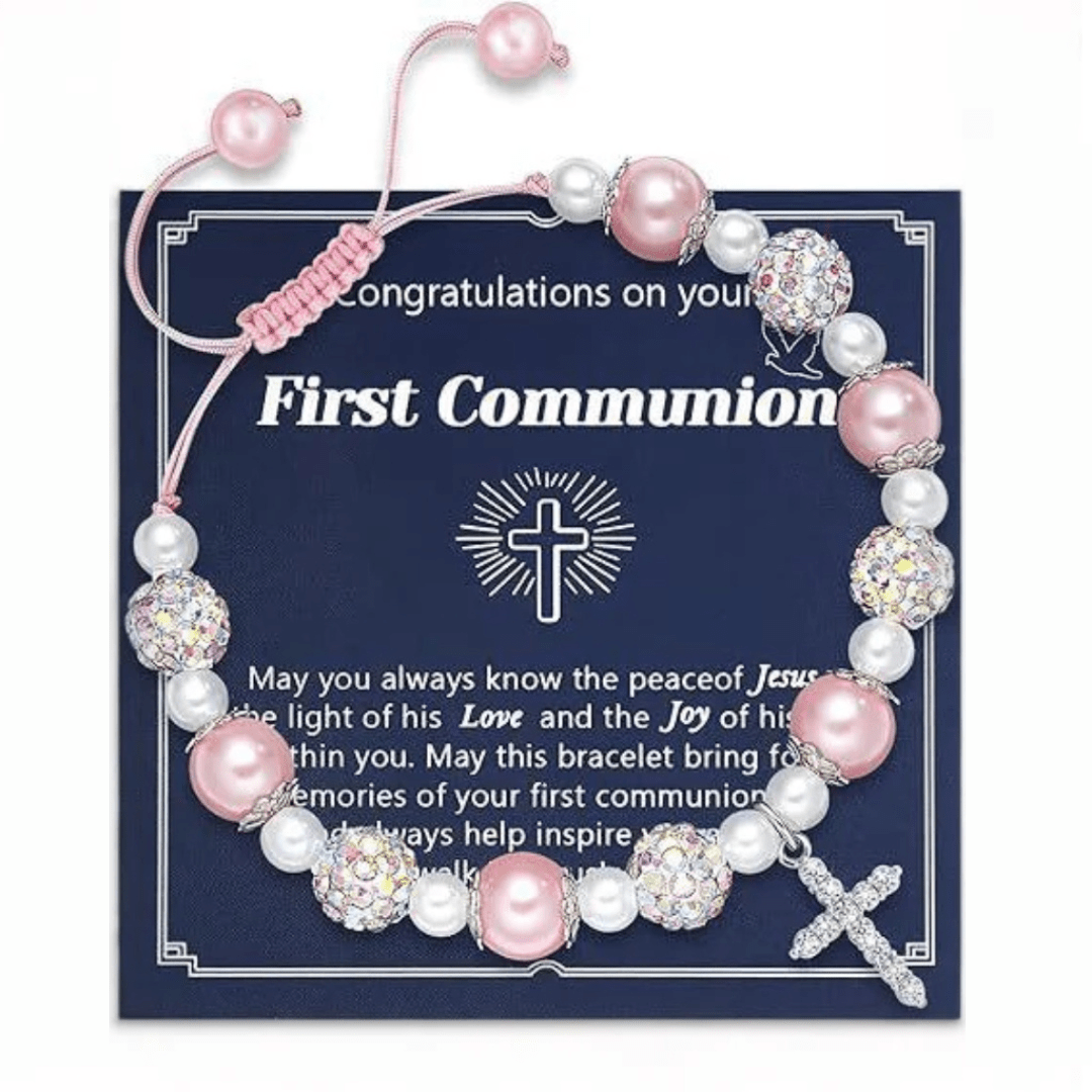 PRAYERFUL FAITH: First Communion Gift Bracelet with Cross and Blessing Card