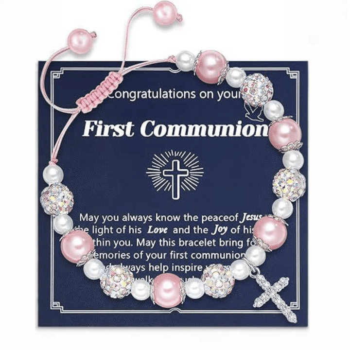PRAYERFUL FAITH: First Communion Gift Bracelet with Cross and Blessing Card