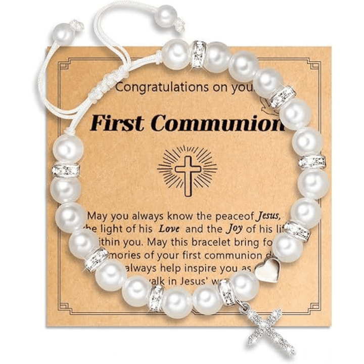 PRAYERFUL FAITH: First Communion Gift Bracelet with Cross and Blessing Card