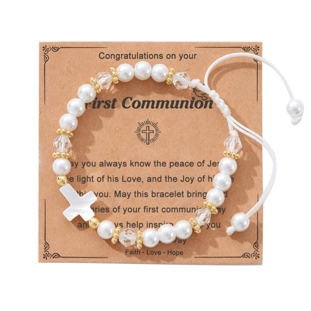 PRAYERFUL FAITH: First Communion Gift Bracelet with Cross and Blessing Card