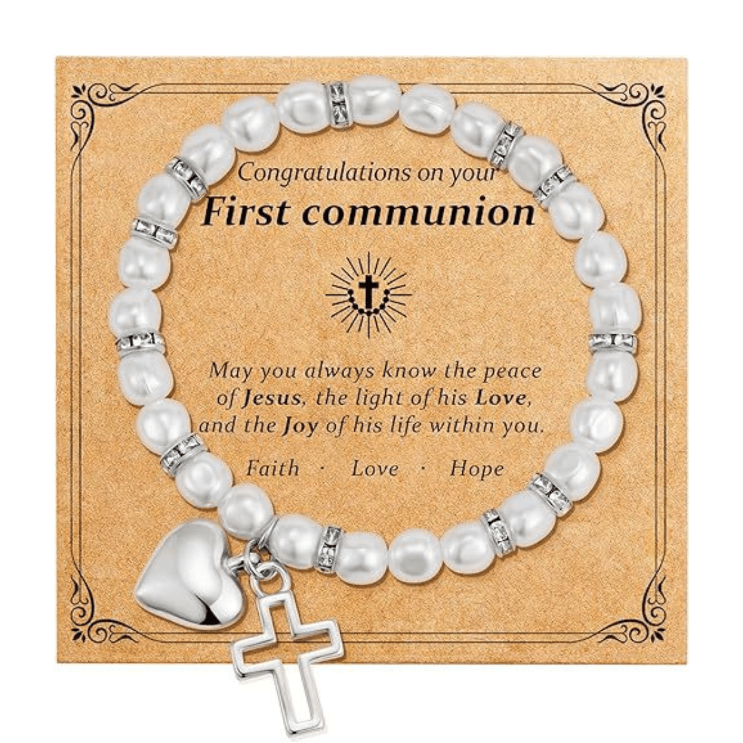PRAYERFUL FAITH: First Communion Gift Bracelet with Cross and Blessing Card