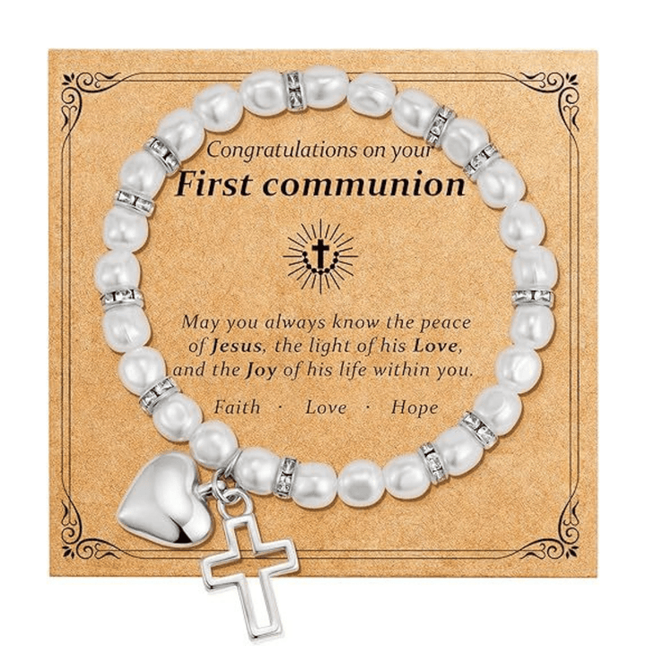 PRAYERFUL FAITH: First Communion Gift Bracelet with Cross and Blessing Card