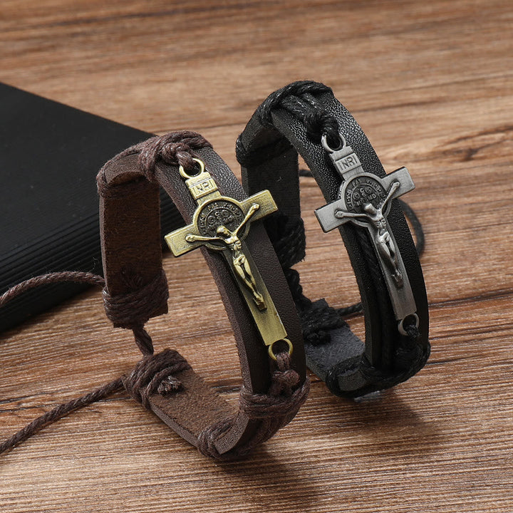 Classic Style Brown or Black Leather Adjustable Bracelet with Crucifix