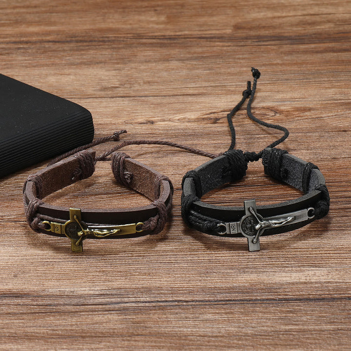 Classic Style Brown or Black Leather Adjustable Bracelet with Crucifix