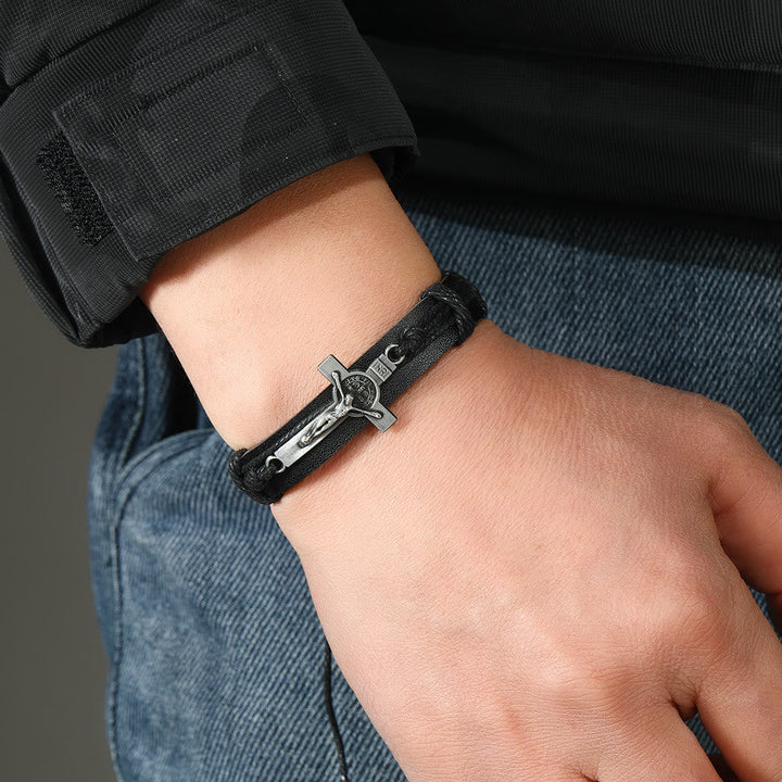 Classic Style Brown or Black Leather Adjustable Bracelet with Crucifix