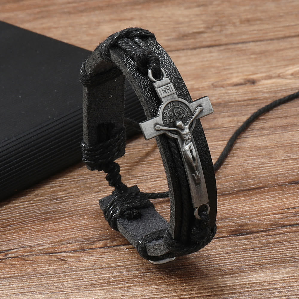 Classic Style Brown or Black Leather Adjustable Bracelet with Crucifix