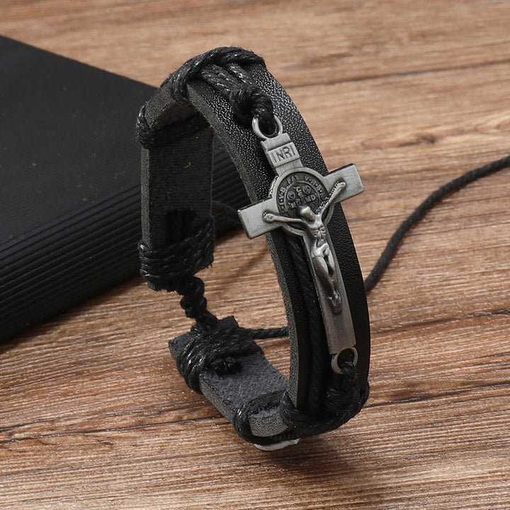 Classic Style Brown or Black Leather Adjustable Bracelet with Crucifix