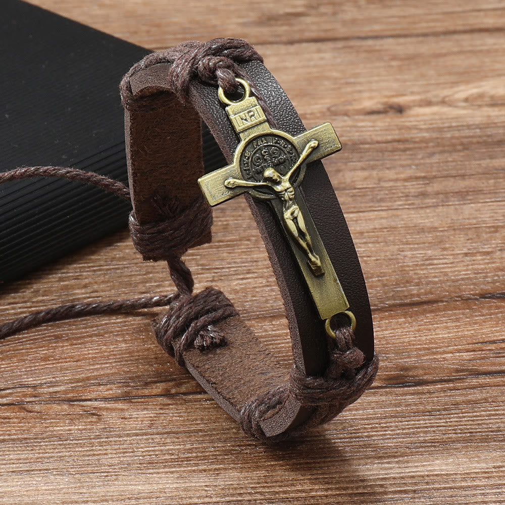 Classic Style Brown or Black Leather Adjustable Bracelet with Crucifix
